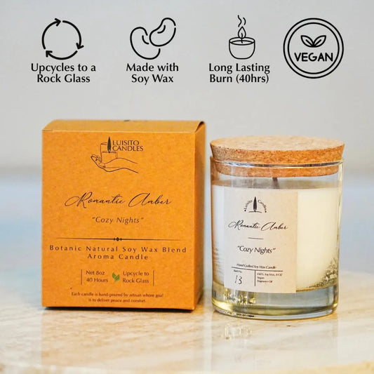 Candle with packaging and features on a light background