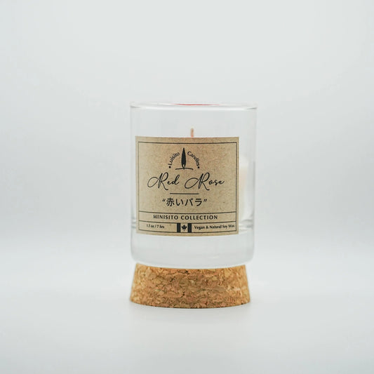 Candle with a cork base and a label on a white background